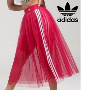 Adidas Red Mesh Midi Skirt with White Stripes